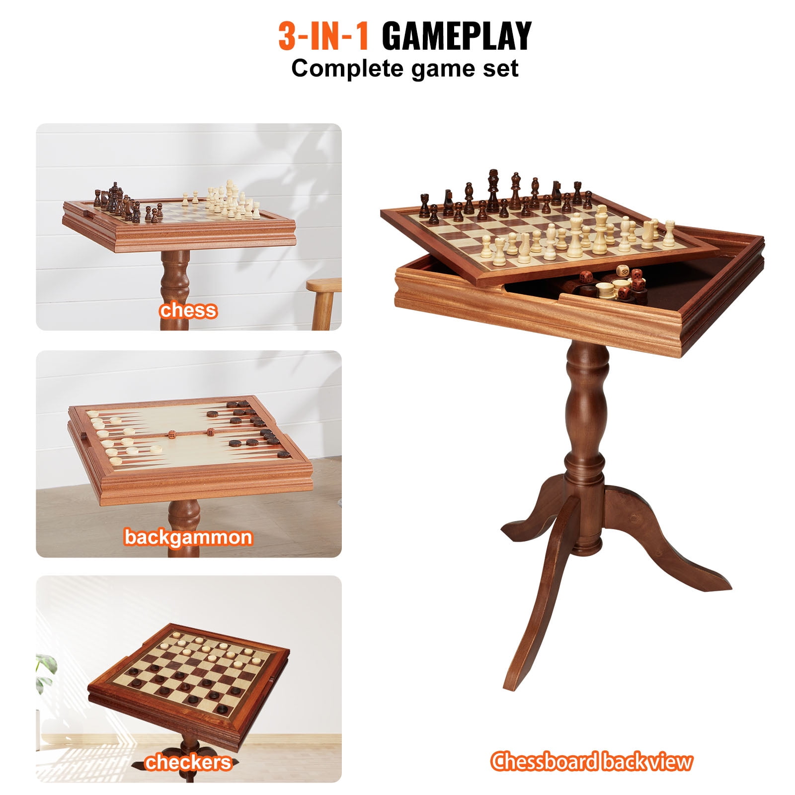 KFFKFF Chess Checkers Backgammon Table 18" 3-IN-1 Combo Game Table Furniture Set