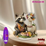 [2D flat] 1PC Rotating acrylic centerpiece featuring a suave raccoon in a vest and a whimsical llama with wildflowers perfect for enhancing your office ambiance, home decor, or gifting occasions