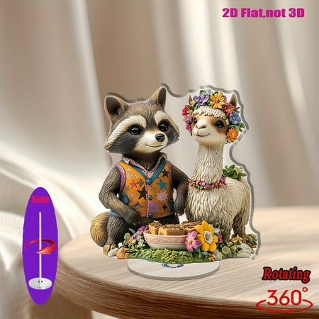 [2D flat] 1PC Rotating acrylic centerpiece featuring a suave raccoon in a vest and a whimsical llama with wildflowers perfect for enhancing your office ambiance, home decor, or gifting occasions