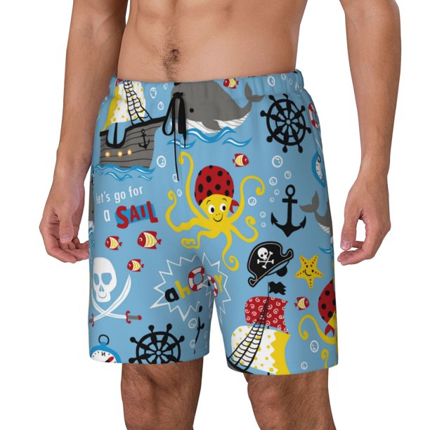 Fotbe Pirate Marine Animals Traje de Baño para Hombre – Shorts de Natación de Secado Rápido con Forro y Bolsillos-Small