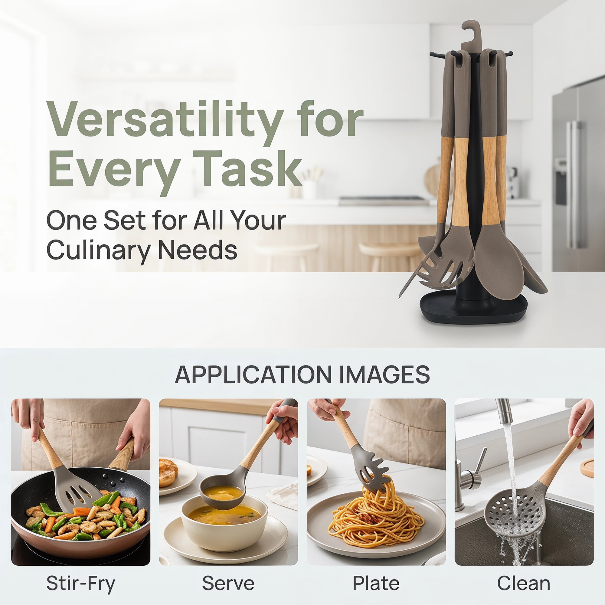 Unique Bargains 6 Pcs Silicone Color Blocking Essential Kitchen Utensil Set Gray-Wood B