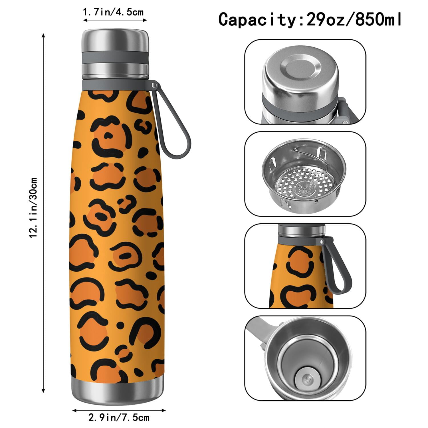 29oz Insulated Water Bottle with Tea Infuser, Stainless Steel Travel Mug, Animal Leopard Print