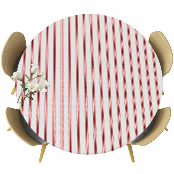 Red Striped Fitted Tablecloth with Elastic Edged, Round Table Cloth for Dining Table, Red White Stripes Farmhouse Waterproof Oil Proof Table Cover for Indoor Outdoor 45"-54"