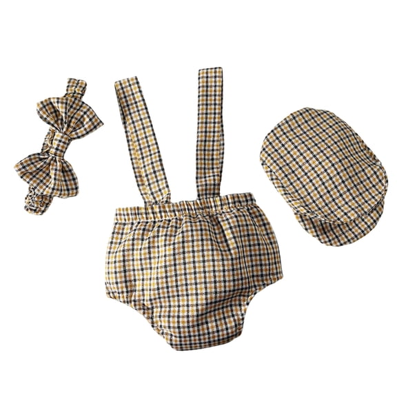 Baby Boy Outfit Newborns Gentleman Photography Checkered Suspenders Bow Tie and Hat for Photoshoots 0-1 Month