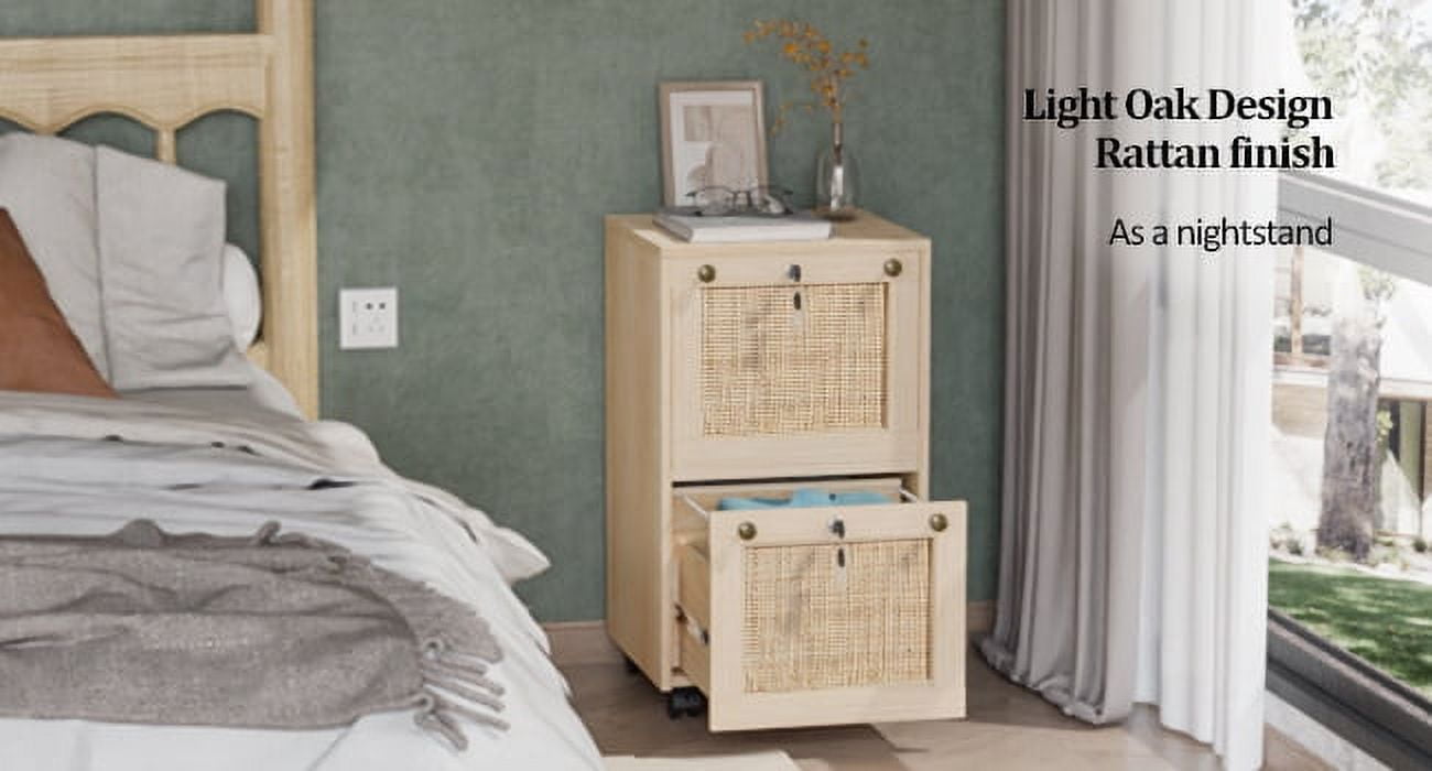 Ktaxon Rattan Wood File Cabinet with 2 Drawers,  Portable Vertical Mobile Wooden Storage Filing Cabinet, for Home Office, Natural