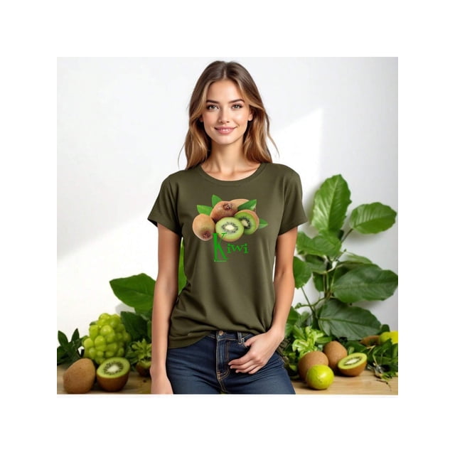 Playera Blusa De KIWI – Estilo Tropical que Te Llena de Vida Ropa Para Mujer Color Verde Oliva Talla Chica Marca Emil SaEs