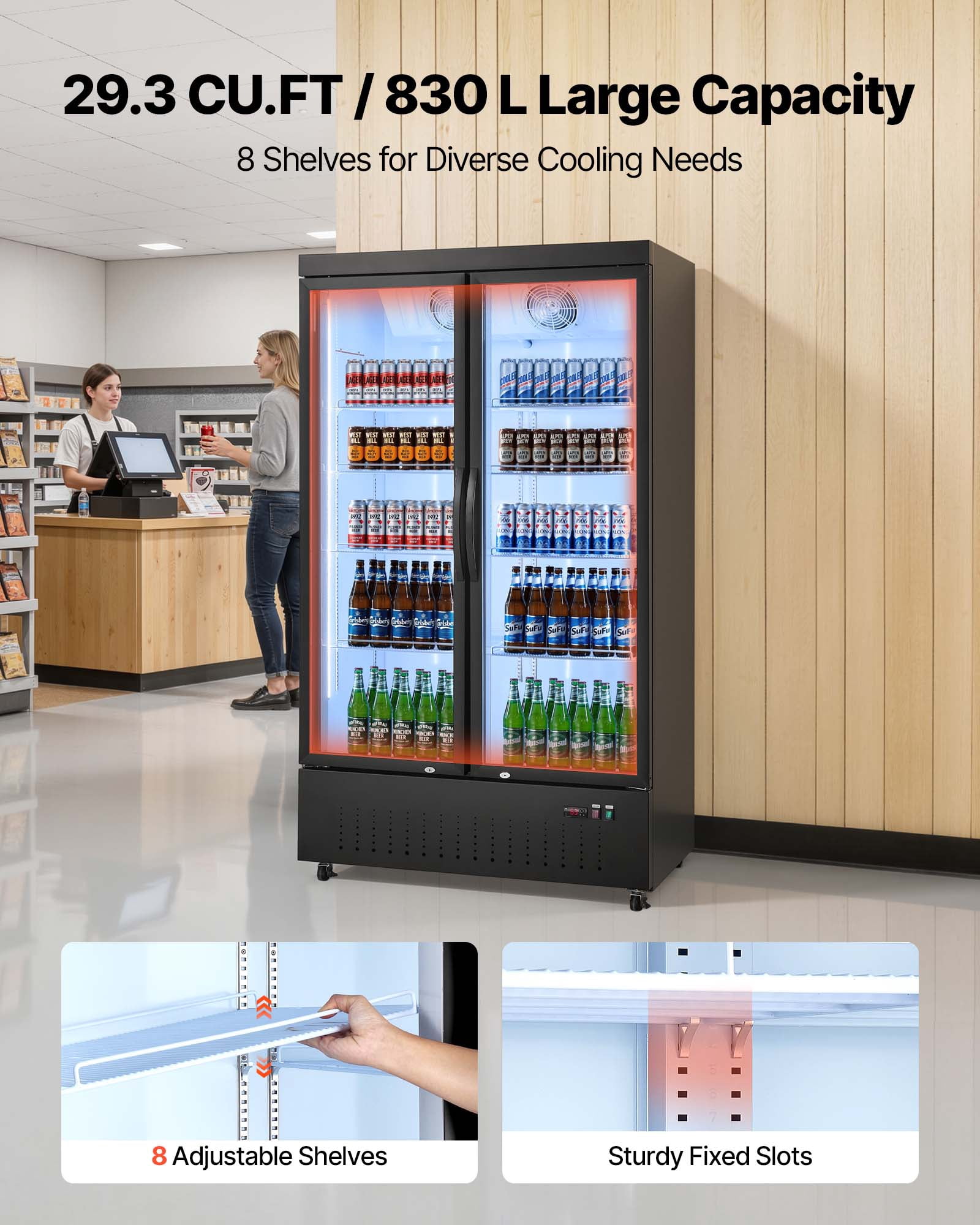 VEVOR Commercial Merchandiser Refrigerator, 29.3 Cu.Ft / 830L Upright Beverage Cooler, 2 Glass Door Display Refrigerator with 8 Adjustable Shelves,Soft LED Light & Casters for Bars Shops Supermarkets
