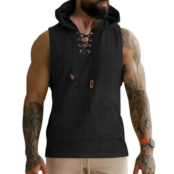 Yiaimeir Men's Sleeveless Hoodie With Lace-Up Design Lightweight Cotton Blend Casual Gym Workout Pullover For Summer Comfort,Size S-3XL