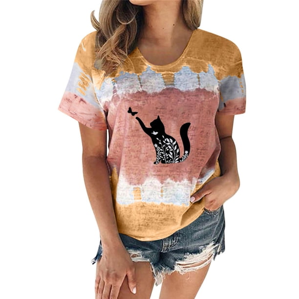 Mujeres Casual Cuello Redondo Manga Corta Estampado Jersey Blusa Camiseta Tops Sueltos OAVQHLG3B Store lin121212