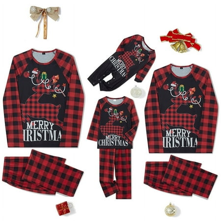 

Merry Christmas Family Pajamas Matching Set Buffalo Plaid Reindeer Raglan Long Sleeve Tops+Pants Loungewear Soft Sleepwear