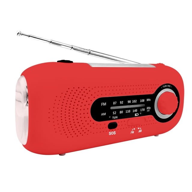 Solar Emergency Hand Crank Weather Radio, Portable Self Powered AM/FM Radios LED Flashlight USB Charger for Camping,red1.23cp