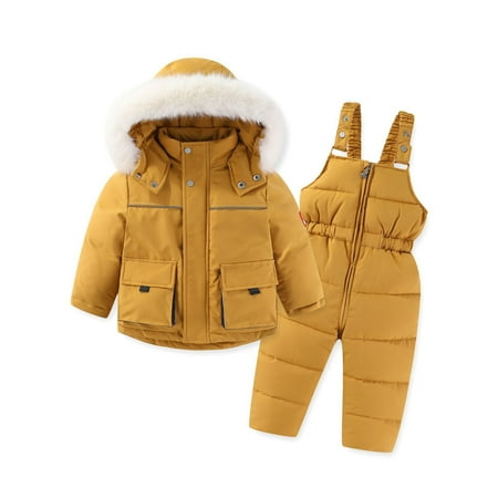 Hpapadks Toddler Snow Suit Winter Long Sleeve Thick Warm Solid Zipper Hooded Down Coat Down Paraks Jumpsuit Baby Snowsuit Yellow 4 Years-5 Years