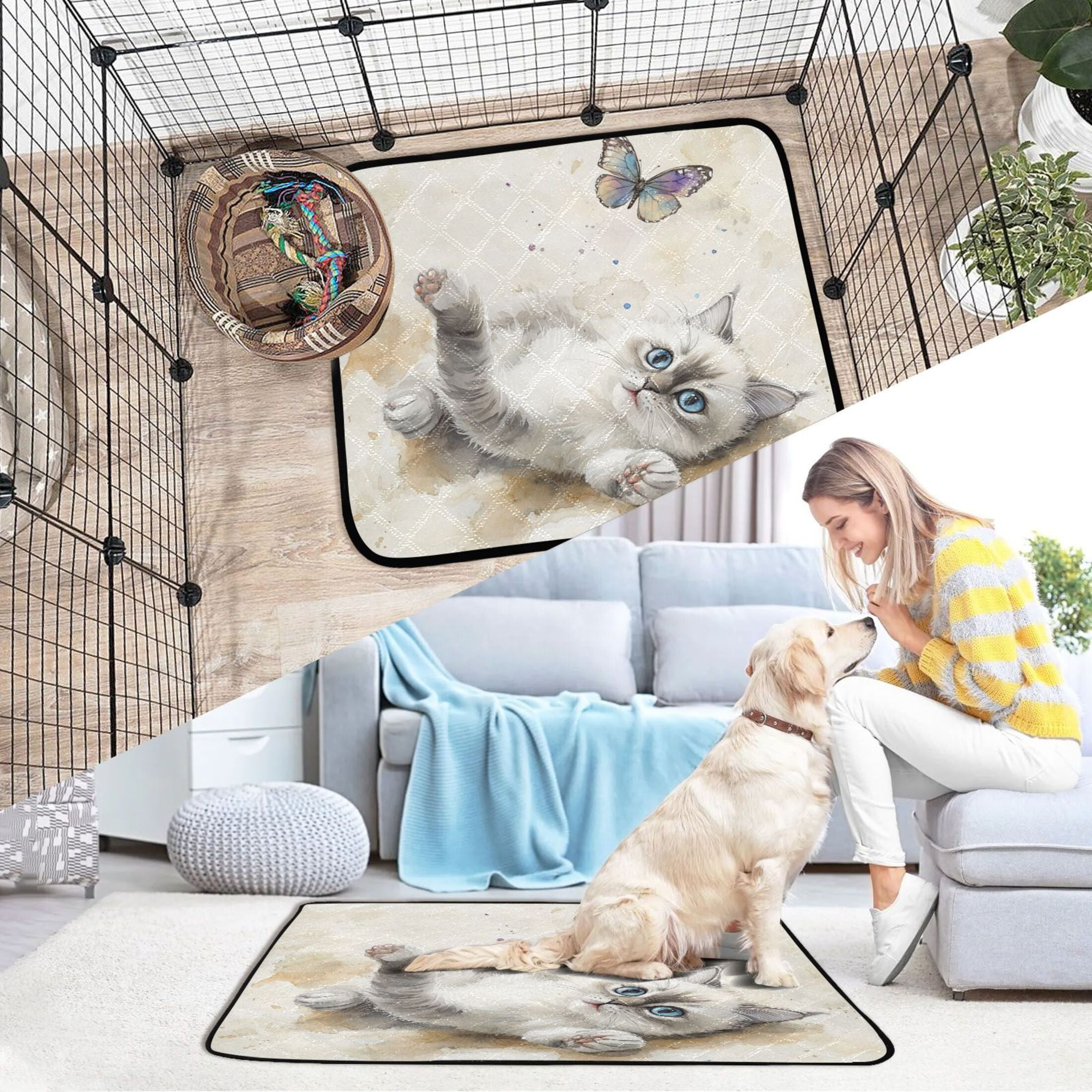Qxltty Cat with Colorful Butterfly Cat litter Pads Pet Set of 3 Diaper Mats Center Anti-leakage Layer Absorbent Soft and Comfortable