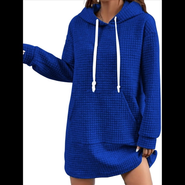 Suéter Deportivo Informal de Larga con Cordón y Cuello de Gofre para Mujer, Holgado, con Capucha y Bolsillos Azul Colorido L