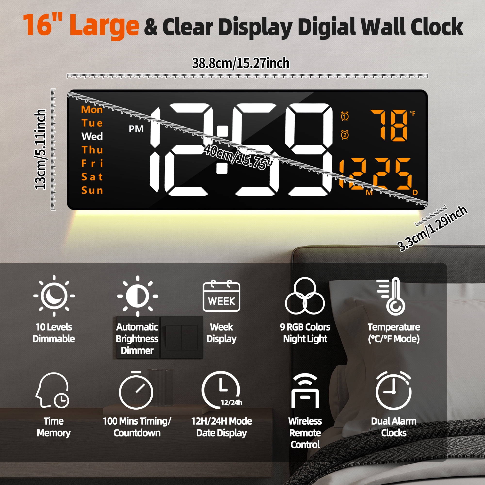 16-inch Large Display Wall Clock with Remote Control, 2 Alarms, Automatic DST, Temperature, Memory Battery for Living Room, Bedroom, Gift for Christmas,Mother's Day, Father's Day