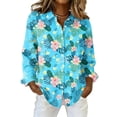 thumbnail image 2 of Minjewel Women's Casual Hawaiian Print Button Down Shirt Long Sleeve with Collar Floral Design Top for Spring Summer Fashion Beach Party Outfit,Blue,S, 2 of 6