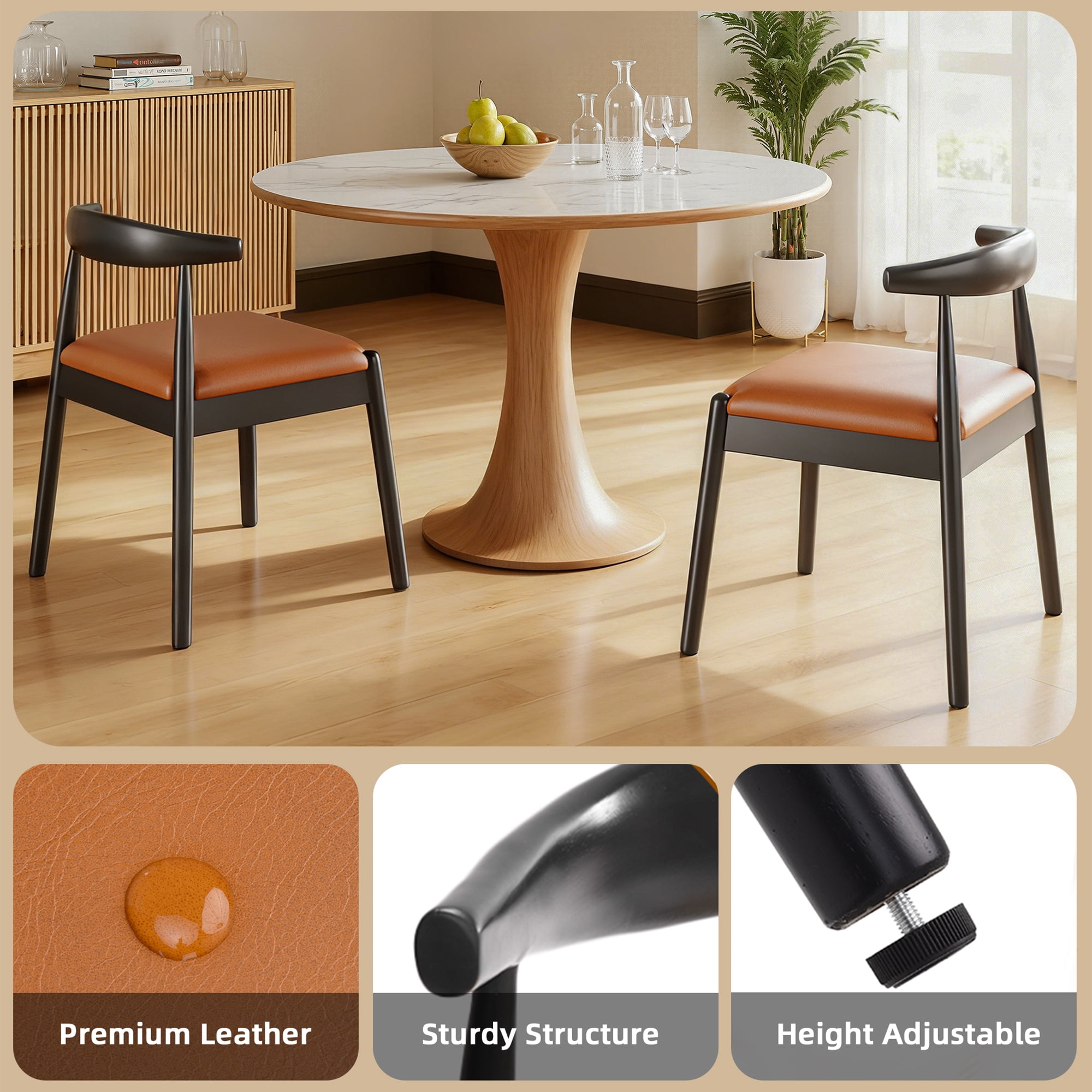 MAYEERTY Set of 2 Modern Dining Chairs, Solid Wood Legs & Woven Rope for Dining Room, Black-wiskey Brown