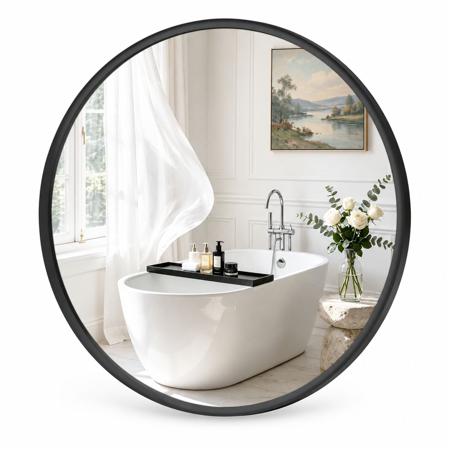 Round Bathroom Mirror 30 Inch Inner-Curved Frame Matte Black Aluminum and Tempered Glass Wall Mounted for Vanity or Entryway