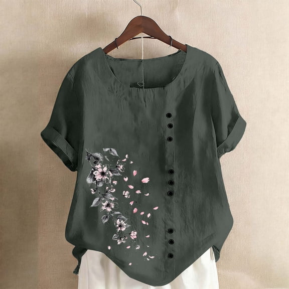 Xuniizn Linen Shirts for Women Floral Print Crewneck Summer Casual Short Sleeve Shirts Lightweight Breathable Beach Holiday Blouses Tops, S-2XL