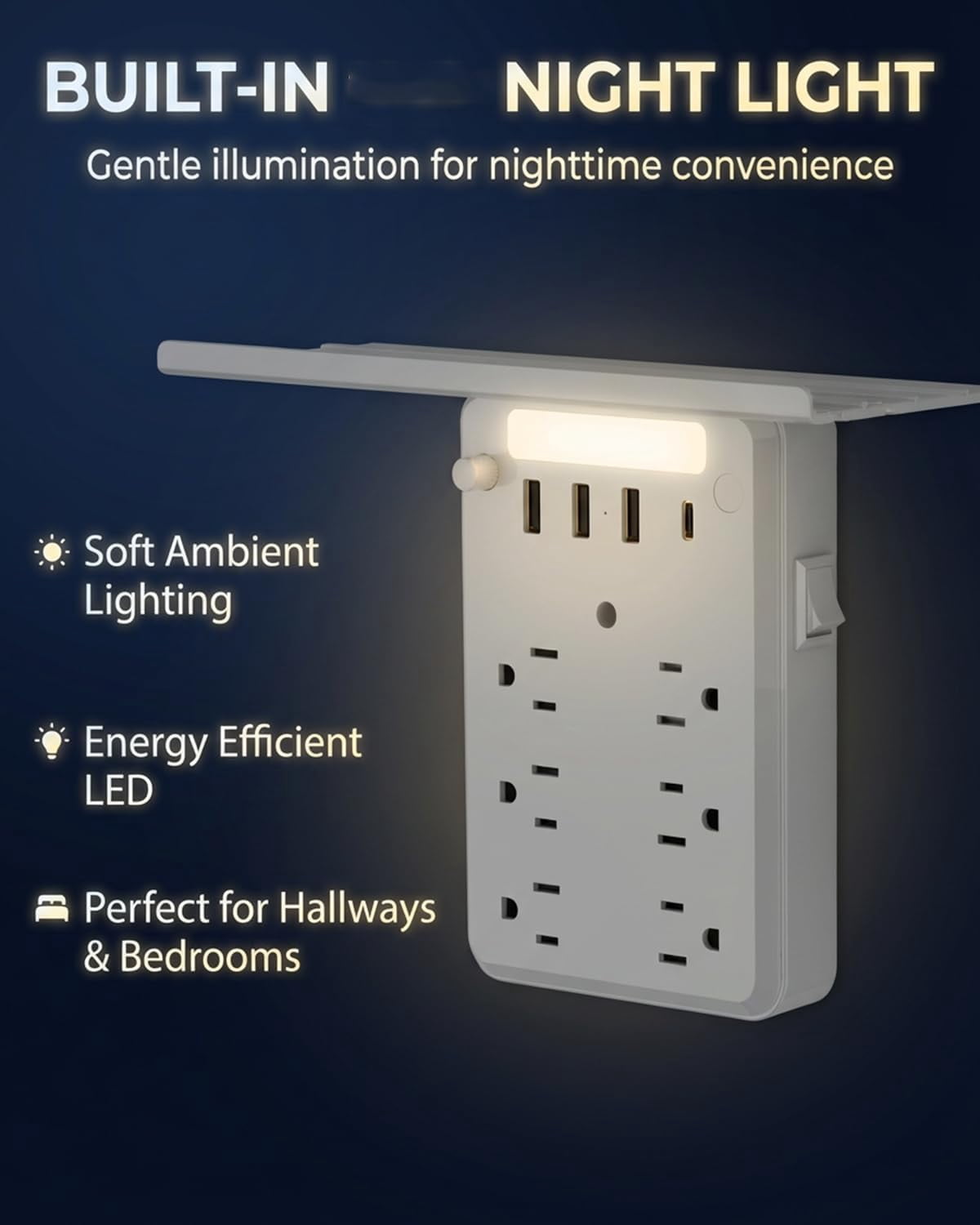 Multi-Functional Power Strip with Panel,Wall Outlet Extender with Shelf,6-Outlet Surge Protector with USB-A & USB-C,for Home Office, Bedroom, Kitchen, Travel