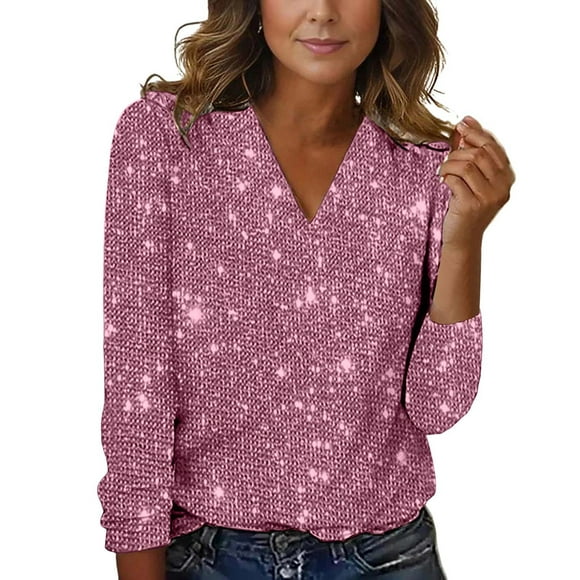 Tshirts Women Ladies Elegant Sequined V Neck Elegant Solid Color Long Sleeved Top Women Shirts Pink XXL