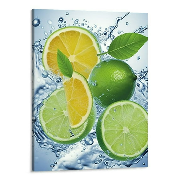 Creowell Kitchen Fruit Wall Art Green Lime Canvas Artwork Fruit with Splash Water and Ices Painting Pictures Cool Summer Art Prints for Dining Room Décor 16x20 Inch