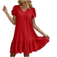 thumbnail image 1 of biudgviw Robes d'Été pour Femmes Manches Courtes Col en V Ourlet à Volants Robe Mini Texturée Robe Tunique Décontractée Ample, 1 of 7