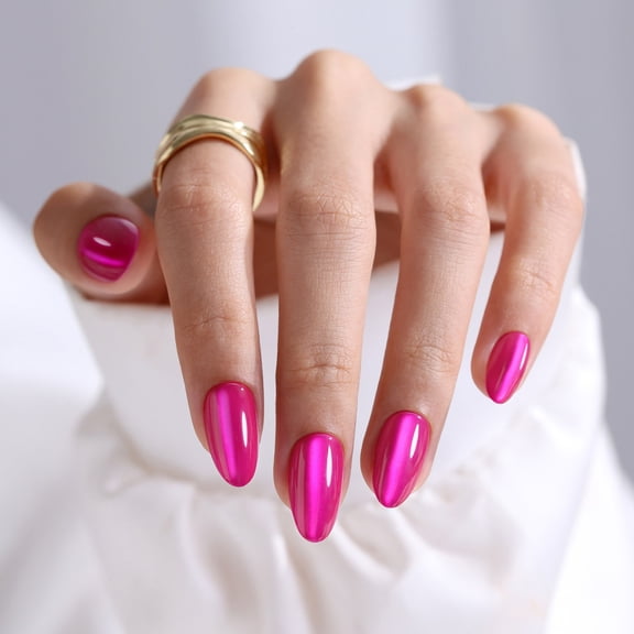 SHANGMENG Hot Pink Cat Eye Press on Nails Short Almond Soft Gel Nails, Salon Quality Nails in 32PCS Reusable Fake Nails Kit with Glue, Magenta Rose