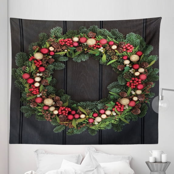 Christmas Tapestry, Christmas Wreath Design with Little Baubles Mistletoe Spruce Fir Dark Oak Image, Fabric Wall Hanging Decor for Bedroom Living Room Dorm, 5 Sizes, Multicolor, by Ambesonne