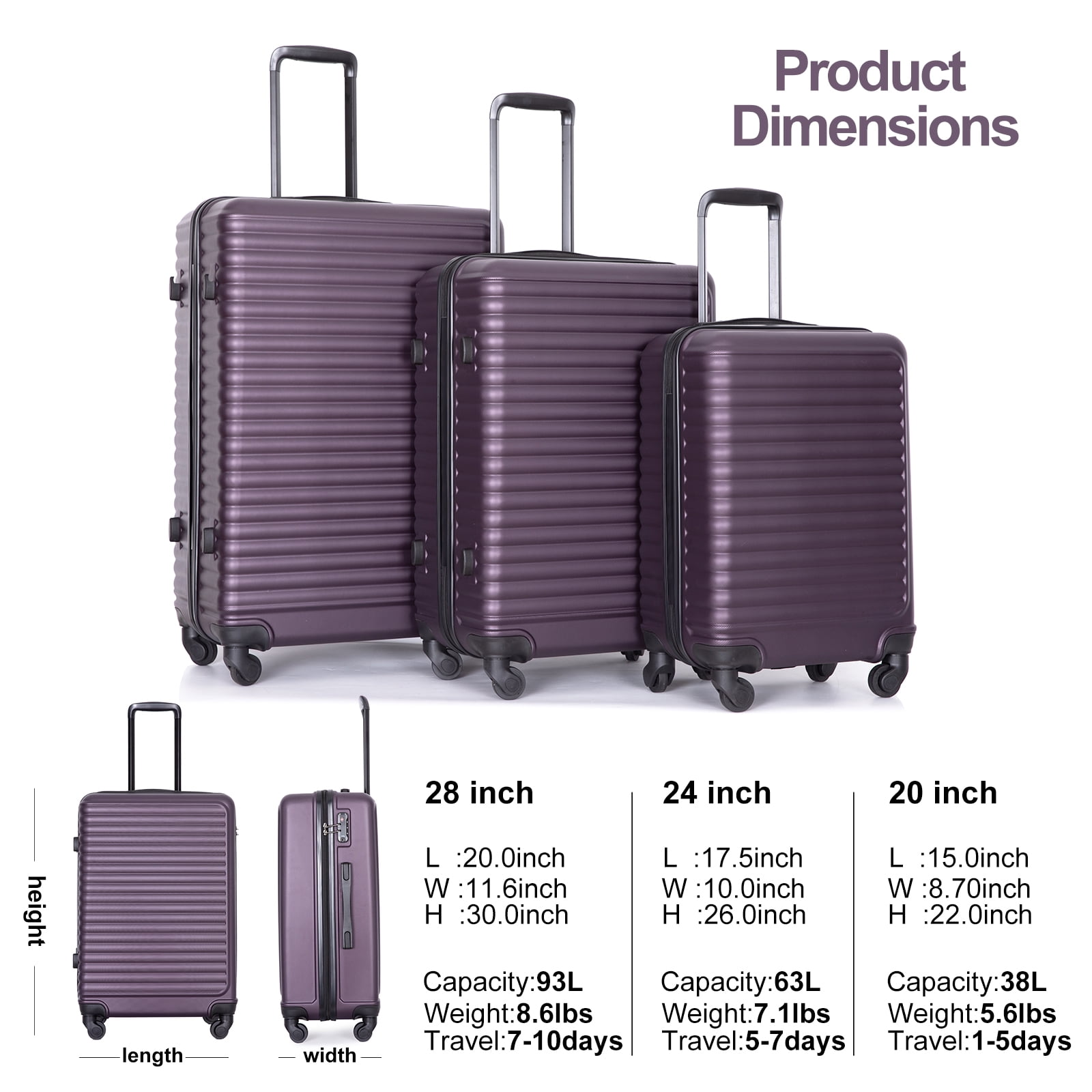 Travelhouse 3 Piece Hardside Luggage Set Hardshell Lightweight Suitcase with TSA Lock Spinner Wheels 20in24in28in.(Light Purple)