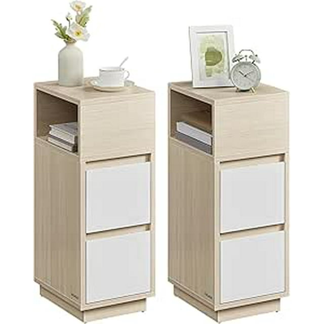 VASAGLE Juego de 2, Mesita de Noche Estrecha, Mesa Auxiliar con 2 Cajones y Compartimento Abierto, Beige Natural y Blanco Nube