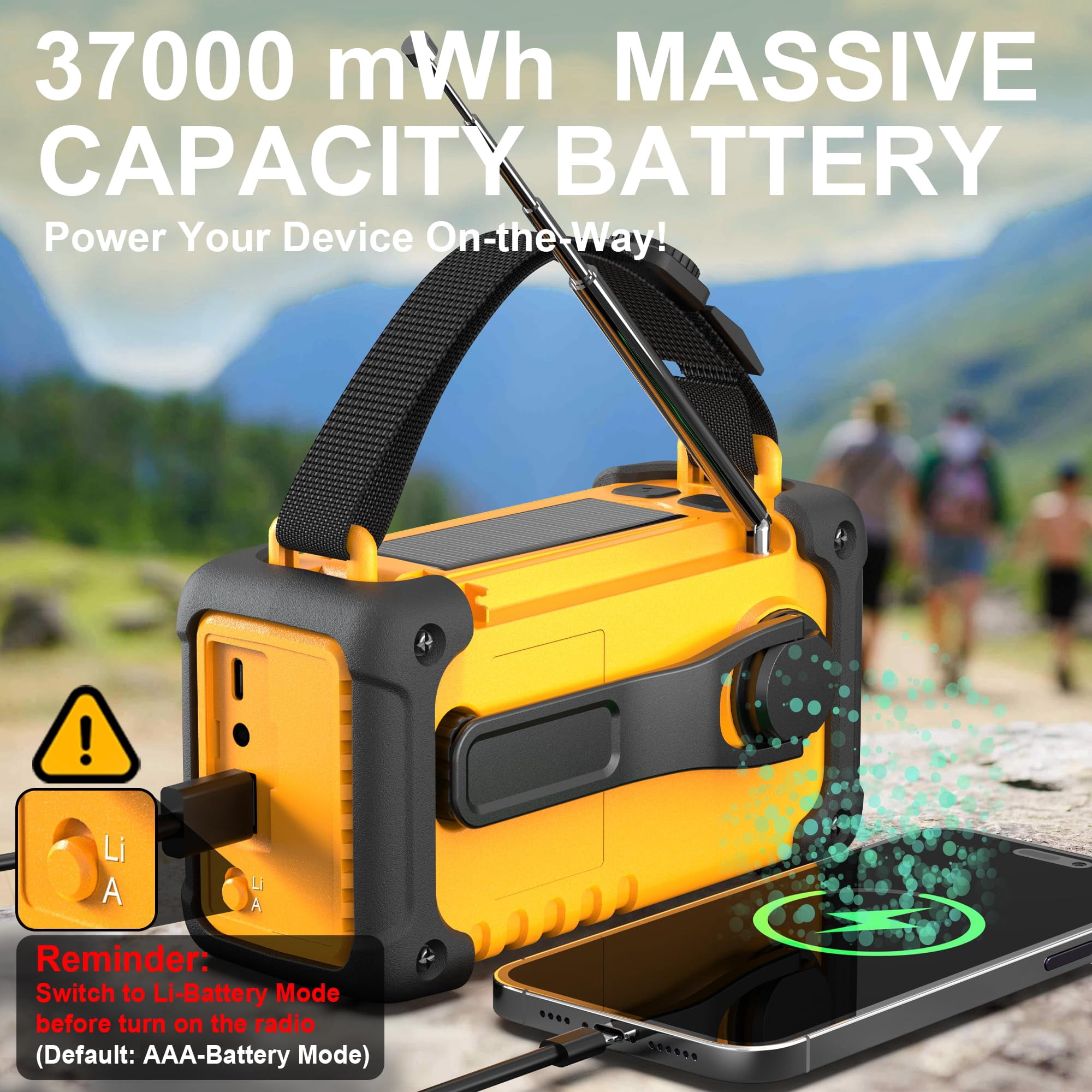 Emergency Weather Radio  Am/fm/sw/noaa Hand Crank With 37000mwh/10000mah Portable Large Capacity Usb/solar/hand Charging Aaa Operated Sos Alarm & Flashlight (yellow)