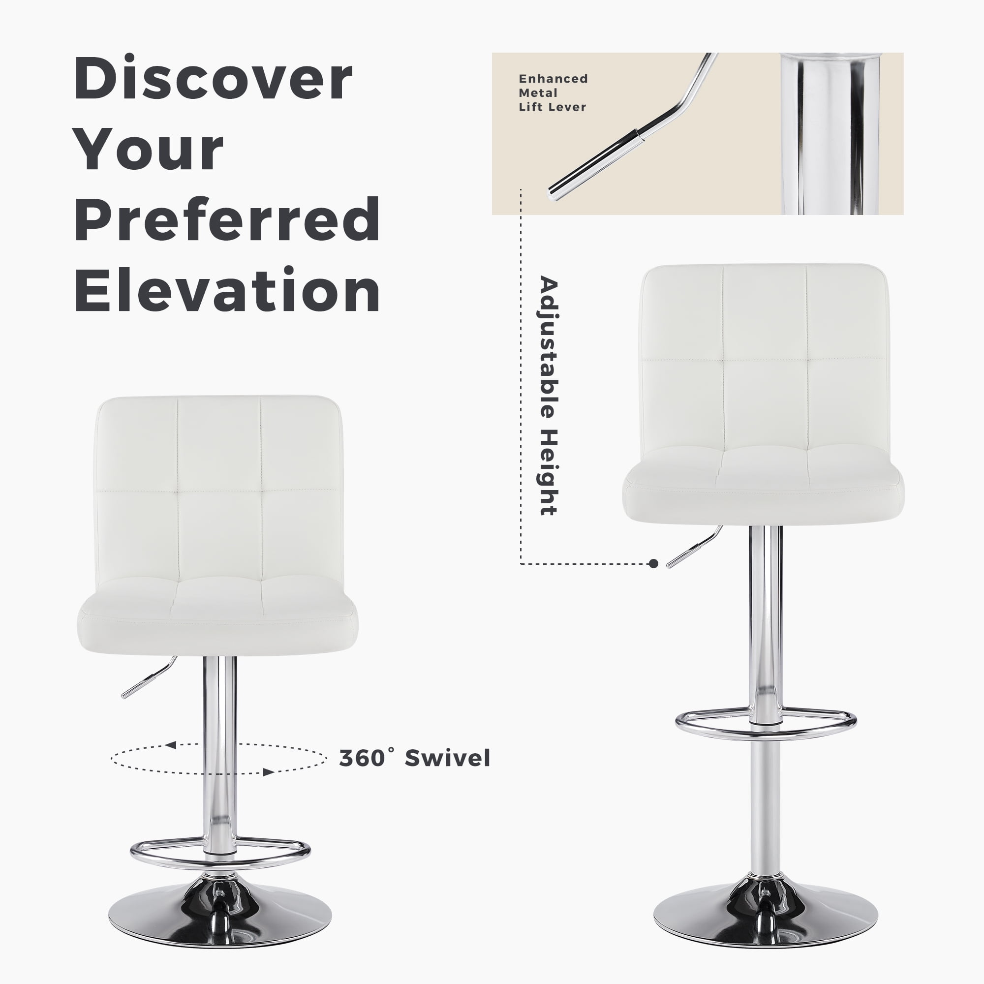 CONCETTA Set of 2 White Swivel Bar Stools, Adjustable PU Leather with Back & Footrest