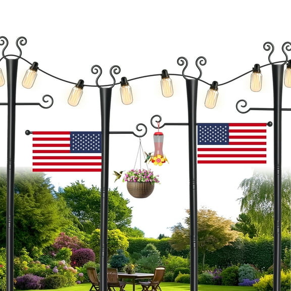 4 Pack of 10Ft Heavy Duty Outdoor Patio Light Poles – Metal String Light Stands for Deck, Garden & Backyard with Shepherd Hook for Hanging Plants, Flags, Parties & Weddings
