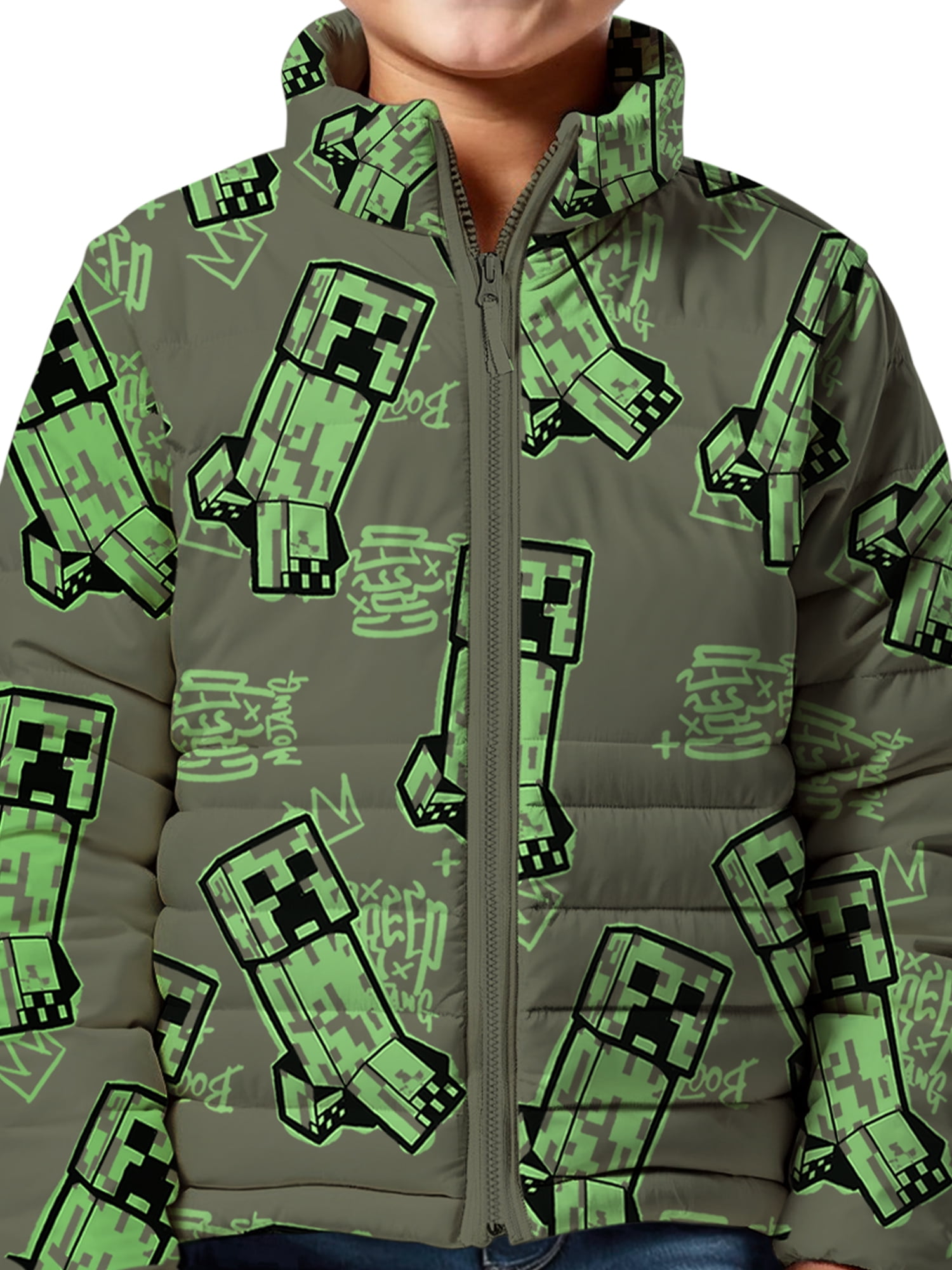Minecraft Little and Big Boys Creeper Zip Puffer Jacket, Lightweight, Sizes 4-16