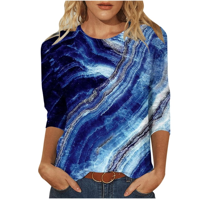 Blouses pour Femmes T-Shirt Imprimé Manches 3/4 Blouse Col Rond Décontracté, Blouses pour Femmes T-Shirts pour Femmes, Blouses pour Femmes Décontractées