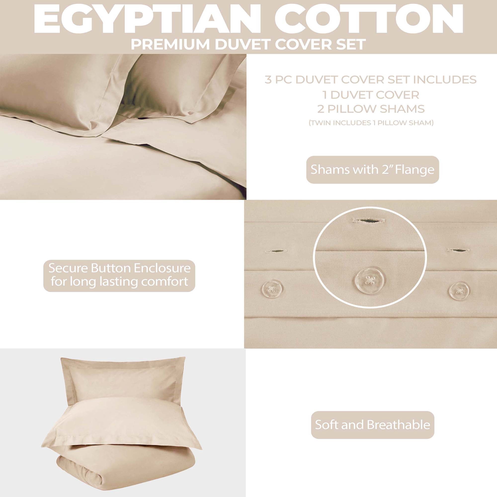 Superior Egyptian Cotton 300 Thread Count Duvet Cover Set, Twin, Tan
