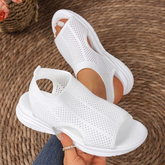 Miluxas Wedge Sandals for Women Knit Mesh Breathable Platform Slip on Sandals Orthotic Comfort Sport Sandal Open Toe Summer Beach Casual Walking Shoes White 9.5(43)