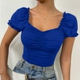 thumbnail image 6 of Annhoo Womens Summer Crop Tops Pleated Puff Square Neck Short Sleeve Shirts Slim Vacation Going out Blouses, 6 of 9