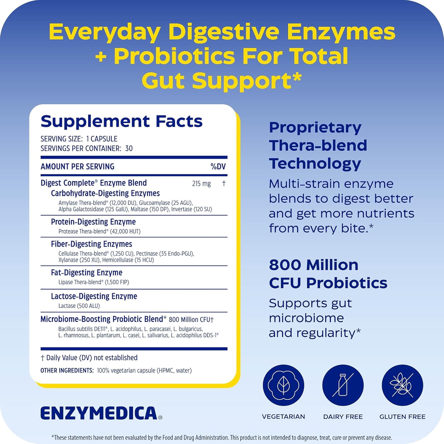Enzymedica, Digest Complete + Probiotics, Full-Range, Everyday Enzymes with 800 Million CFU Active Cultures per Capsule, 90 Capsules