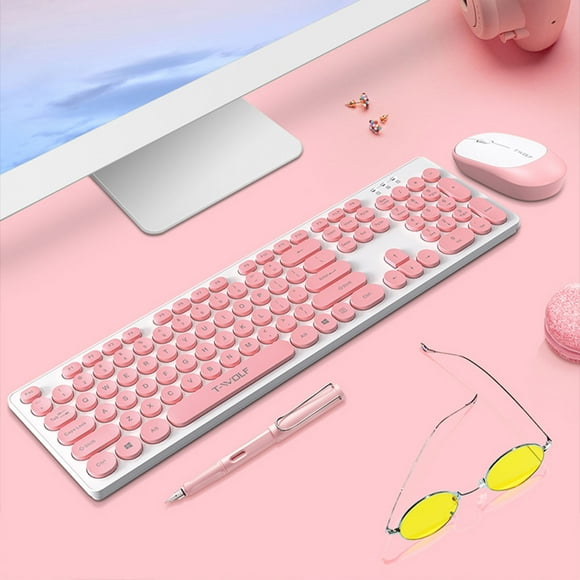 Wireless Keyboard And Mouse Combo Cute Keyboard Retro Round Keycap Thin Quiet 2.4GHz Retro Key Board For Laptop