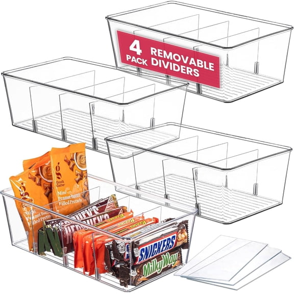 Oizeir Clear Pantry Organizer Bins 8-Pack - Fridge Organizer with 3 Removable Dividers, Ideal for Kitchen, Pantry, Refrigerator, Freezer, and Snack Storage