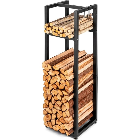 Firewood Rack Indoor Outdoor with Hooks - 39.8in Heavy Duty Fireplace Log Holder with Adjustable Feet, Metal Fire Wood Storage Racks & Enclosed Frame Fireplace Organizer