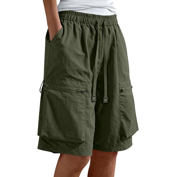 LYXSSBYX Women's Elastic Waist Cargo Shorts, Casual Loose Fit Quick Dry Hiking Shorts with Zipper Pockets, Solid Color Summer Outdoor Shorts