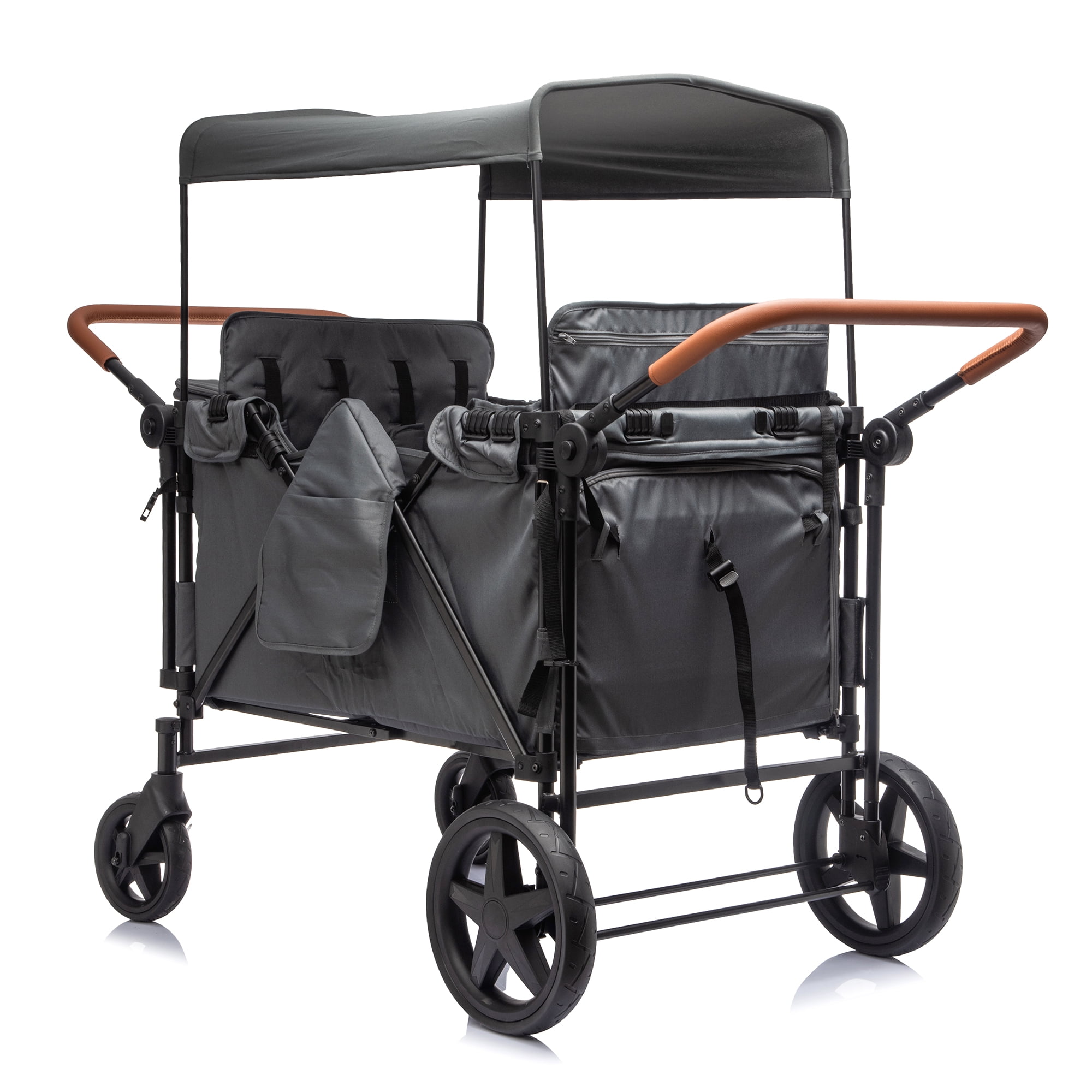 4-Seater Wagon Stroller with 5-Point Harness, Extra-Thick Support Bar, 5 Modes, Removable Seats, Foldable Frame, Dual Leather Handles for Large Families