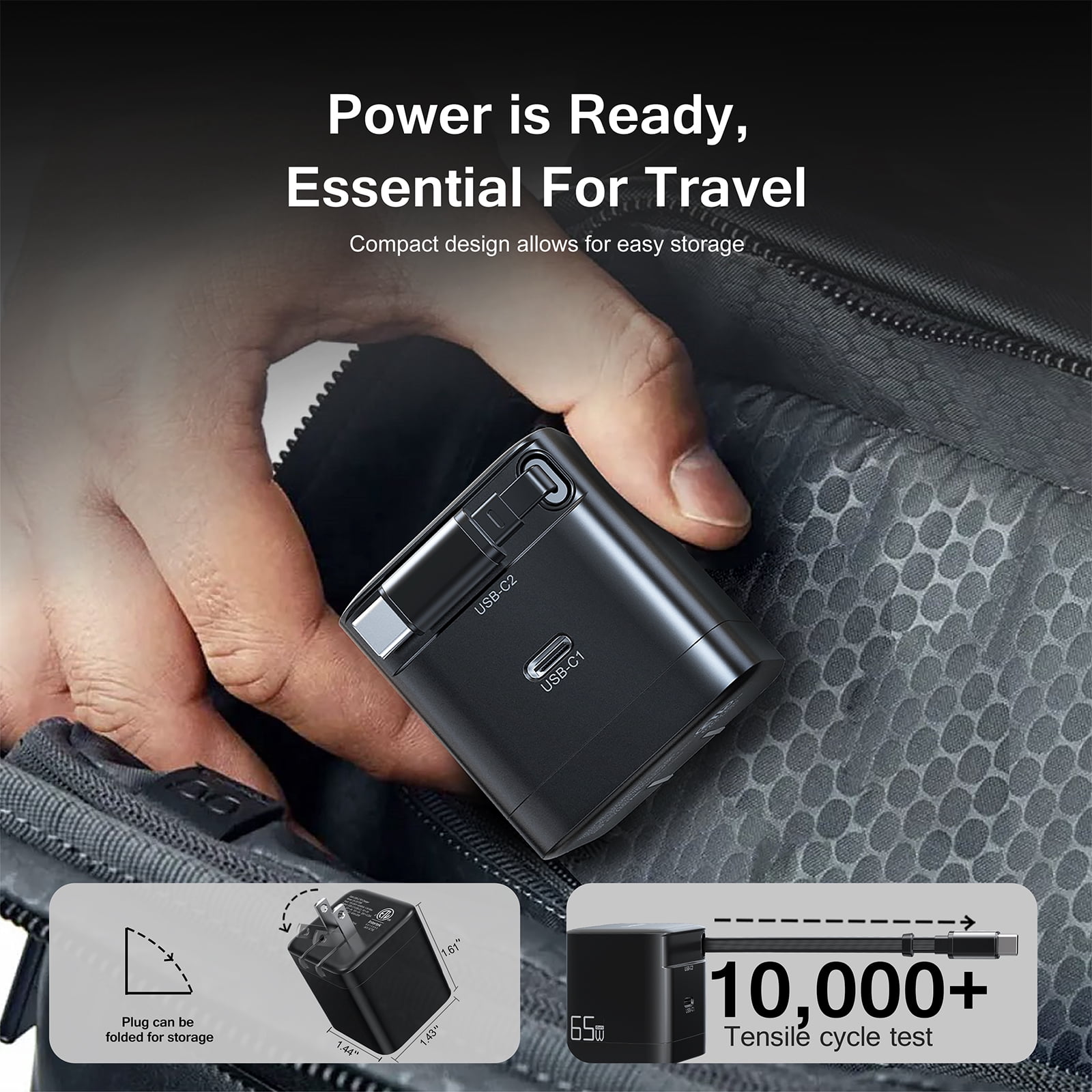 Esoulk 65W Dual USB-C PD 3.0 PPS Wall Charger with Retractable USB-C Cable for Laptops Smartphones