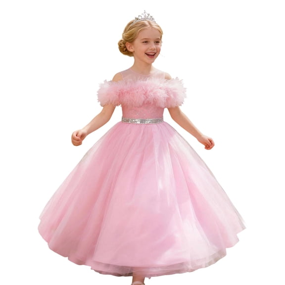 VBEWZET Off Shoulder Tulle Flower Girl Dresses for Wedding, Long Sparkly Waist Maxi Gown Kids Piano Birthday Party Formal Dress Pink 140(7-8Y)
