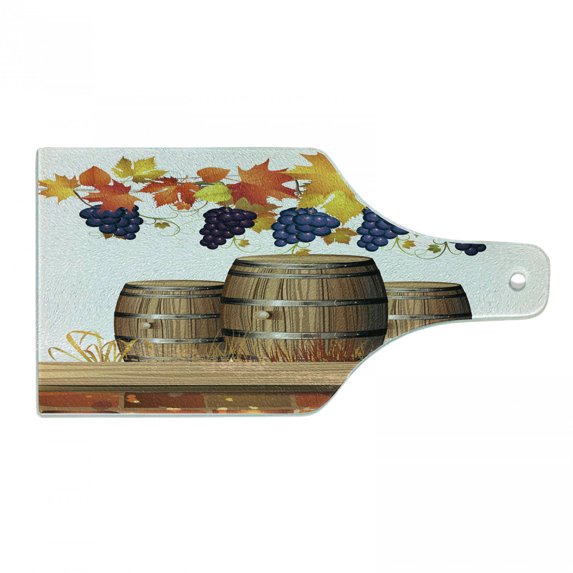 Vineyard Cutting Board, Wooden Wine Barrels with Faded Golden Yellow Autumn Leaves Fall Sunlight Design, Tempered Glass Cutting and Serving Board, Wine Bottle Shape, Orange Brown, by Ambesonne