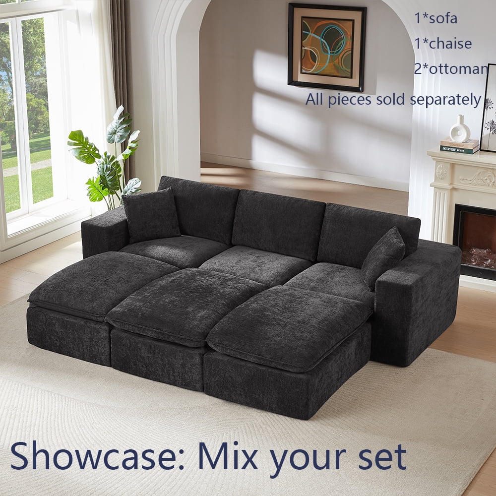 Miniyam 30" x 79" Black Left or Right Facing Chaise Lounge, Modular Add-On to Build L-Shape or U-Shape Sectional Sofa