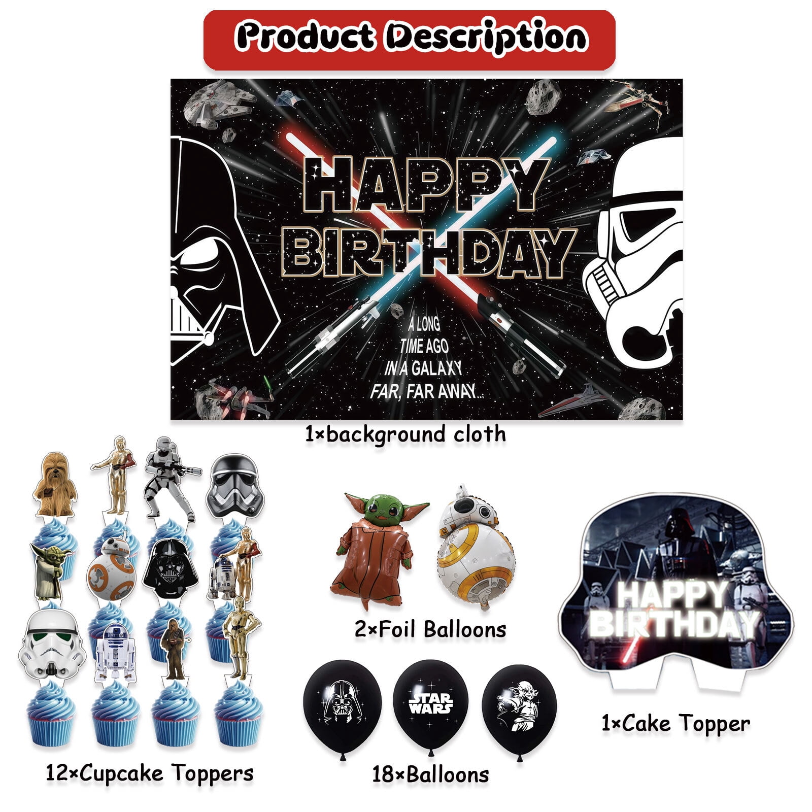 34 PCS For Star Theme For Wars Birthday Party Decorations,With 1 Cake Topper,12 Cupcake Toppers,18 Balloons,2 Foil Balloons,1 Backdrop Decorations For Party Decorations Supplies